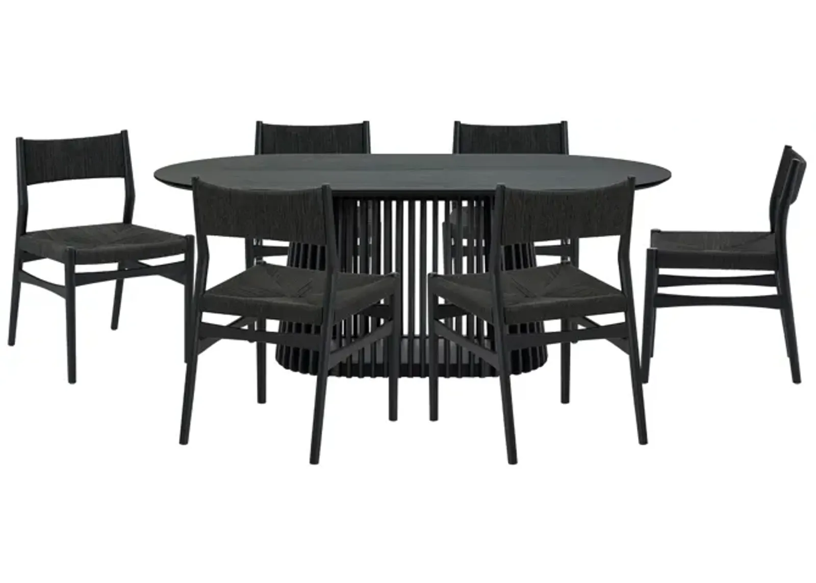 Pasadena Erie 7 Piece Oval Dining Set in Black Oak Finish with Black Paper Cord Chairs