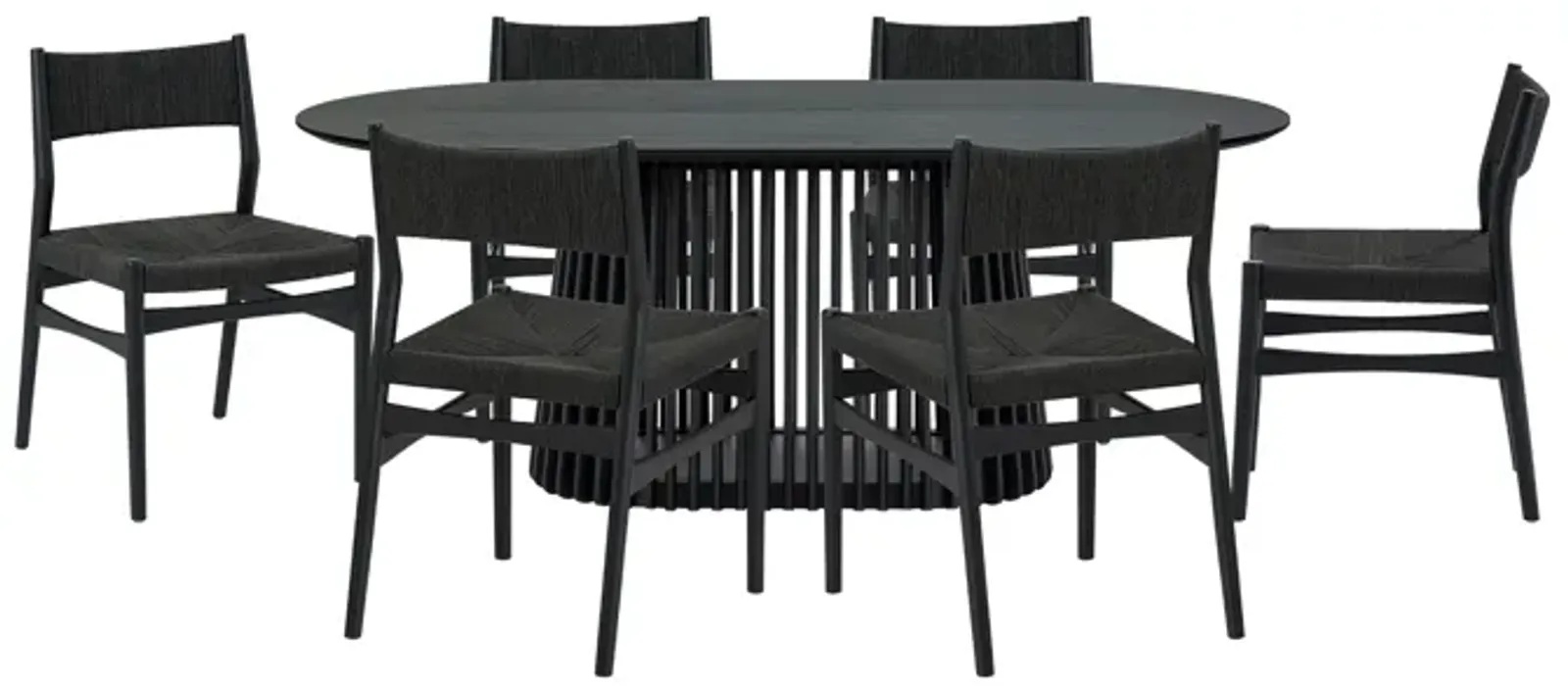 Pasadena Erie 7 Piece Oval Dining Set in Black Oak Finish with Black Paper Cord Chairs