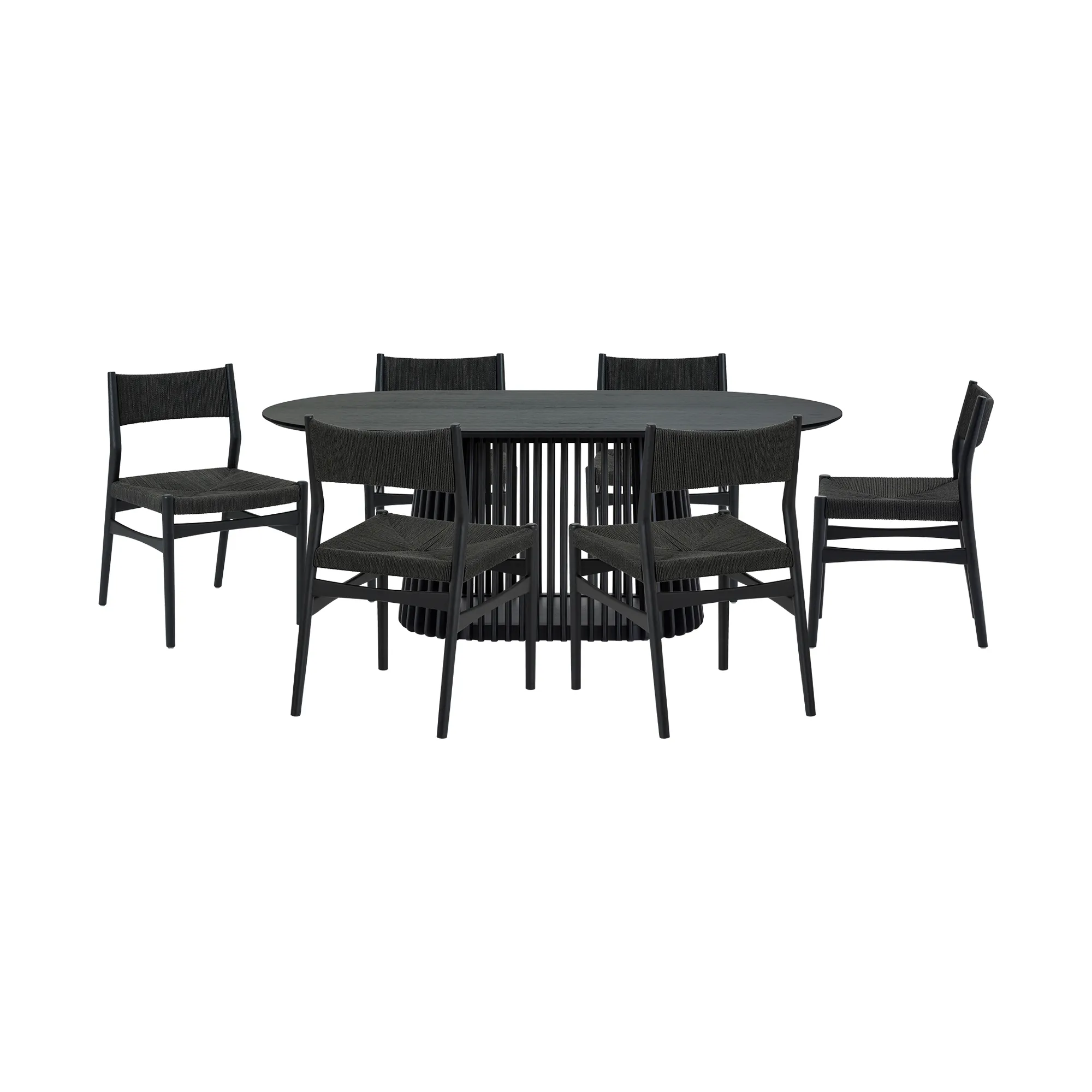 Pasadena Erie 7 Piece Oval Dining Set in Black Oak Finish with Black Paper Cord Chairs