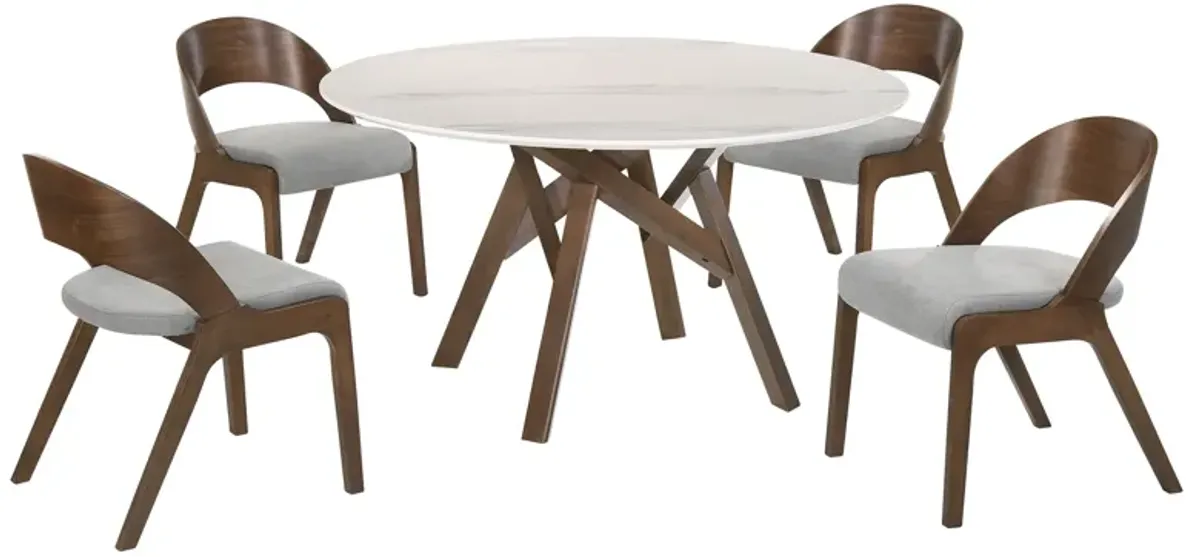 Venus and Polly 5 Piece Walnut and Marble Round Dining Set