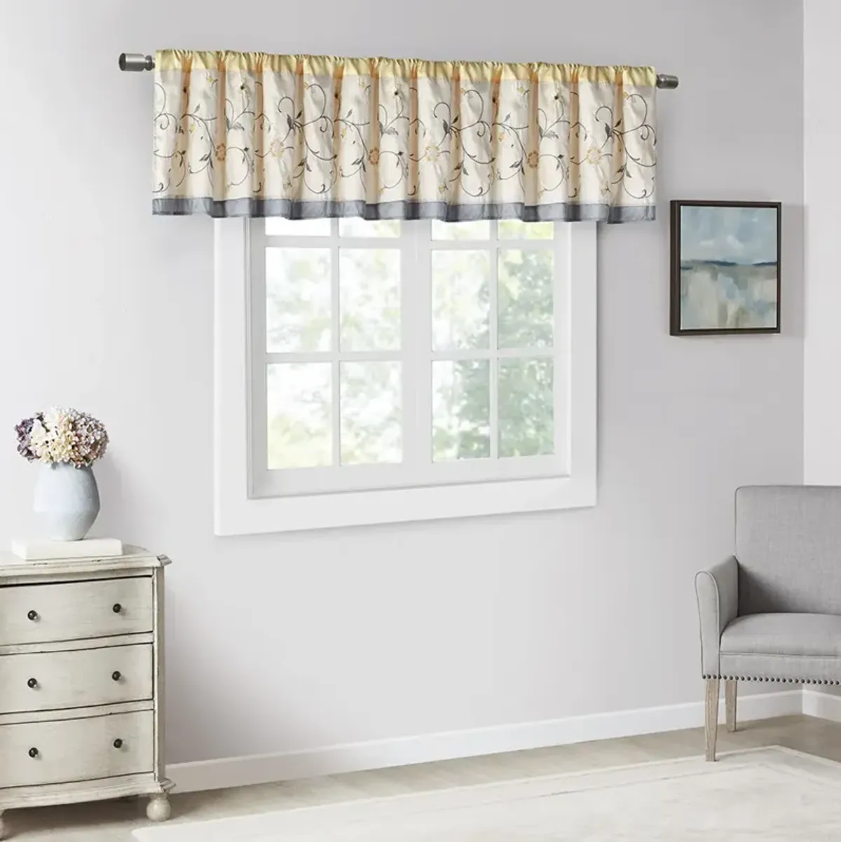 Madison Park Serene Yellow Embroidered Window Valance