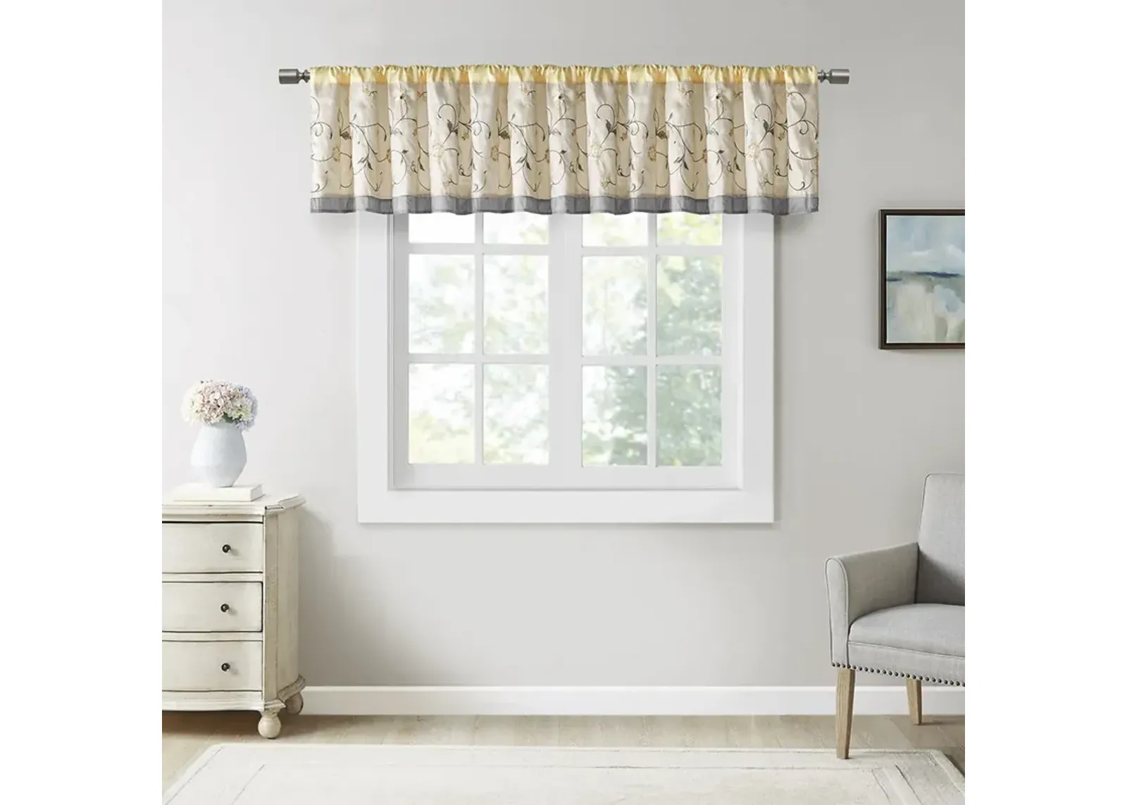 Madison Park Serene Yellow Embroidered Window Valance