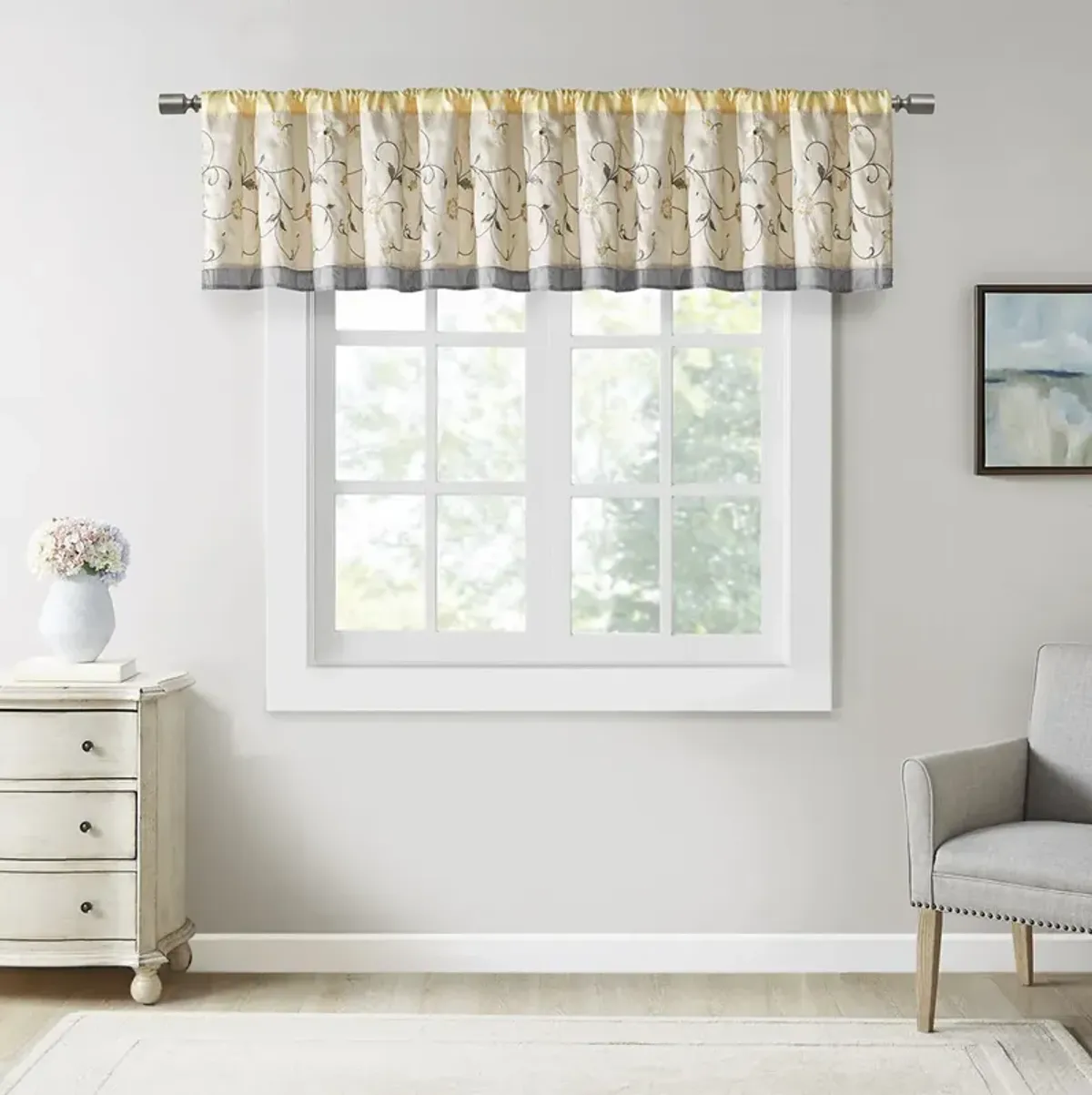 Madison Park Serene Yellow Embroidered Window Valance