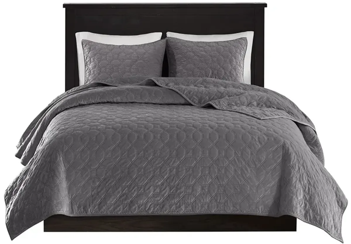 Madison Park Harper Grey 3 Piece Velvet Quilt Set