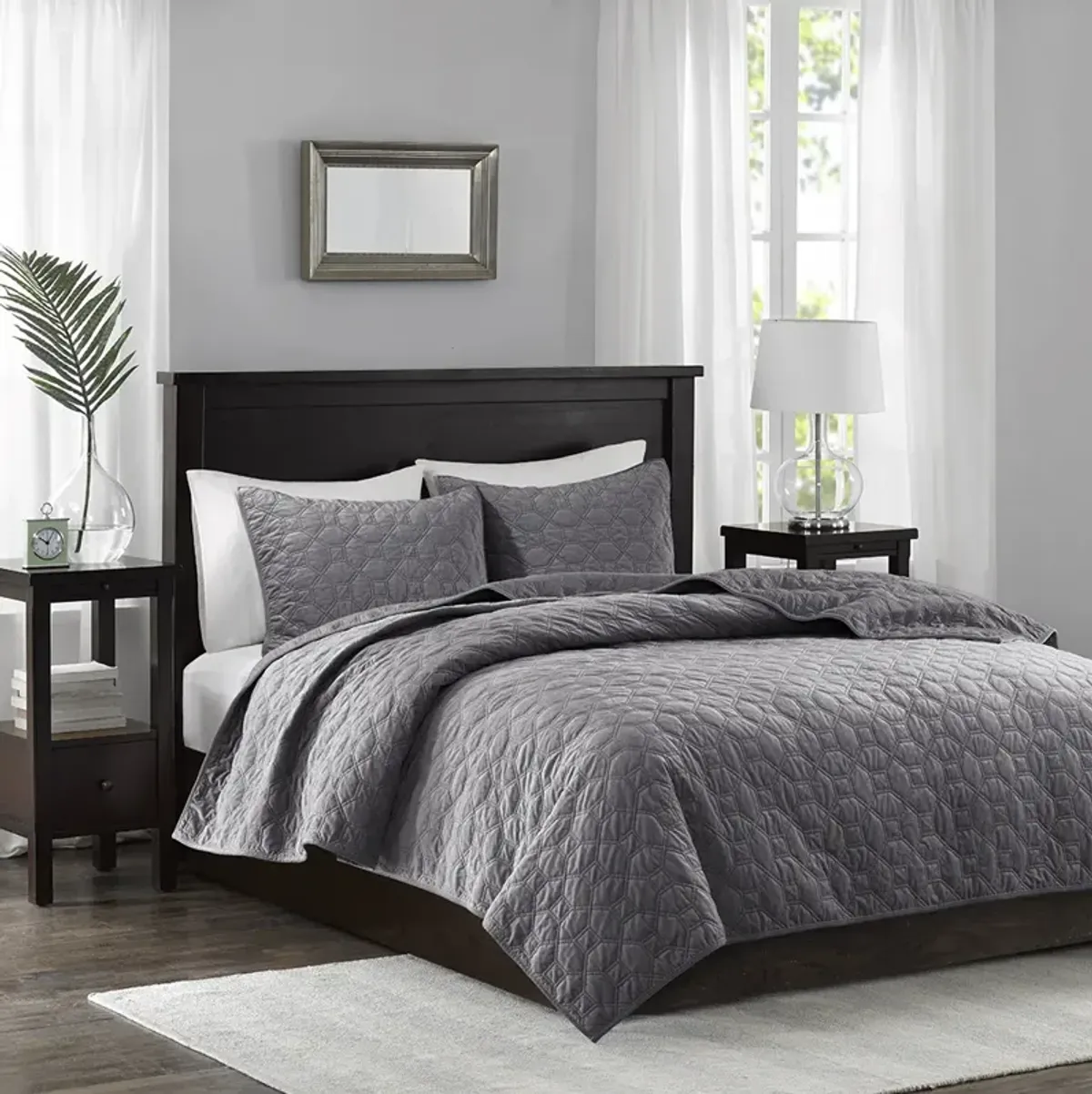 Madison Park Harper Grey 3 Piece Velvet Quilt Set