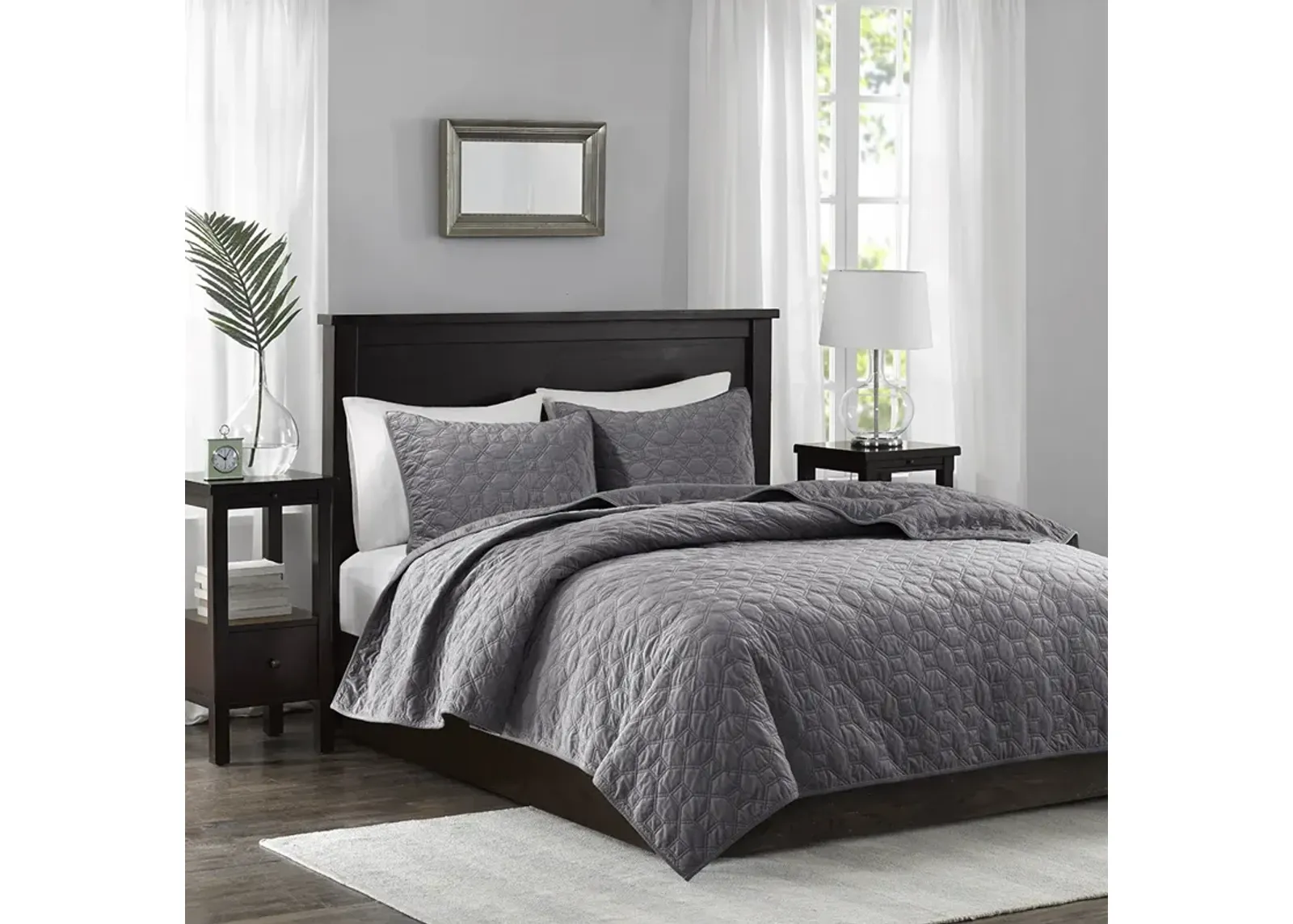 Madison Park Harper Grey 3 Piece Velvet Quilt Set