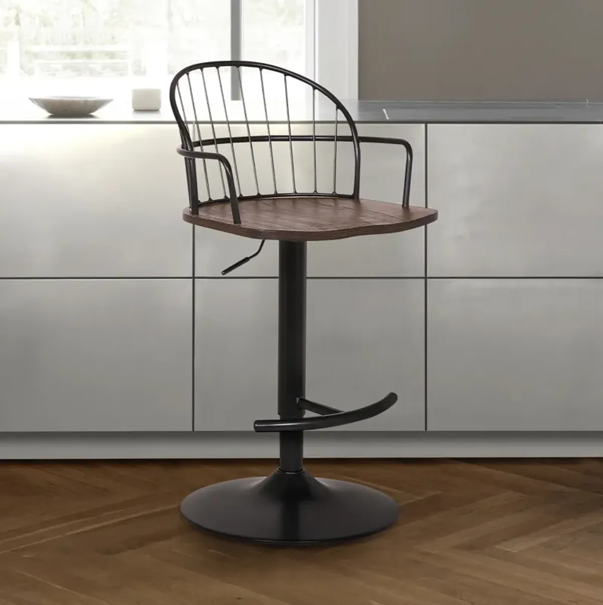 Edward Adjustable Walnut Glazed Barstool in Black Powder Coated Finish