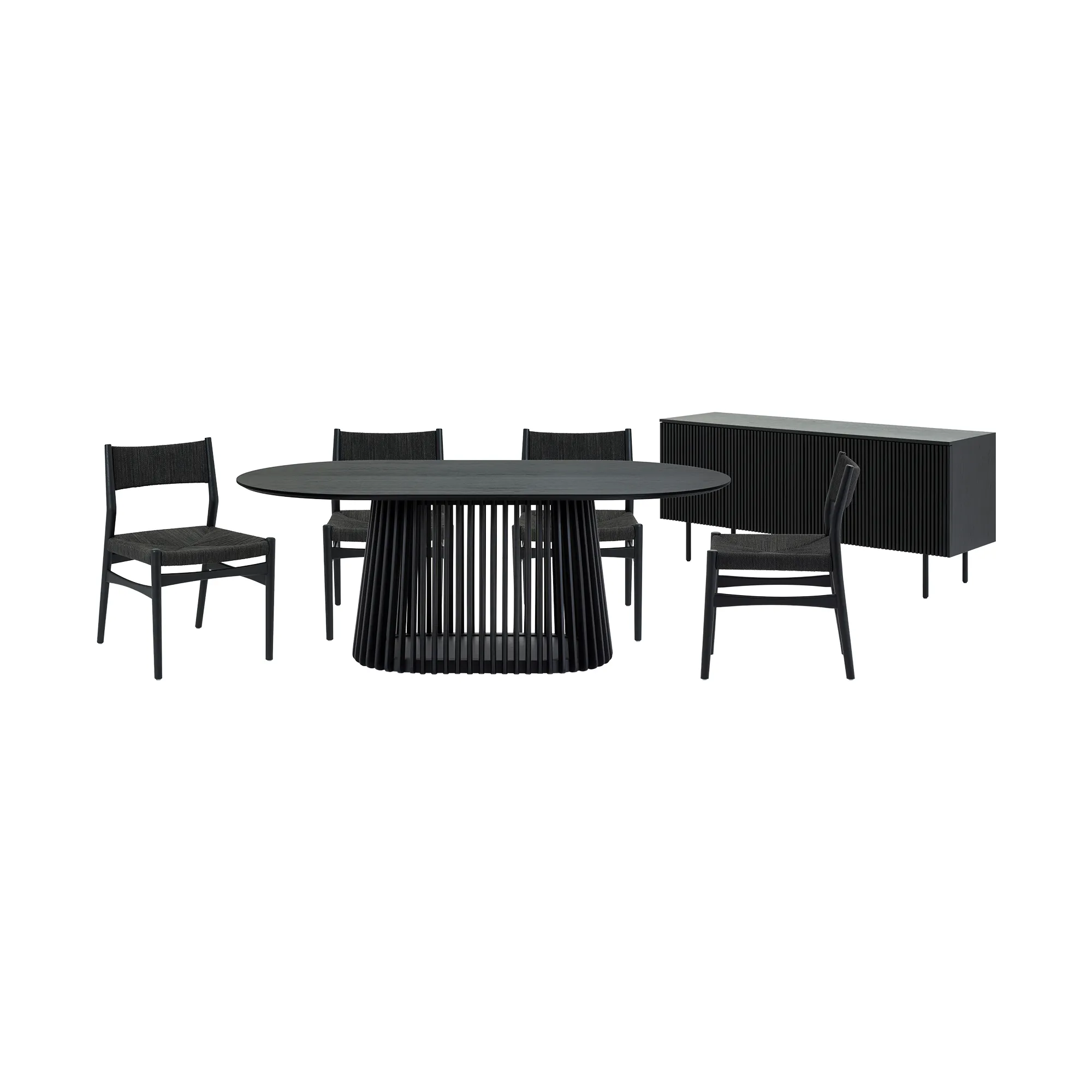 Pasadena Erie 6 Piece Oval Dining Set with Buffet in Black Oak Finish with Black Paper Cord Chairs