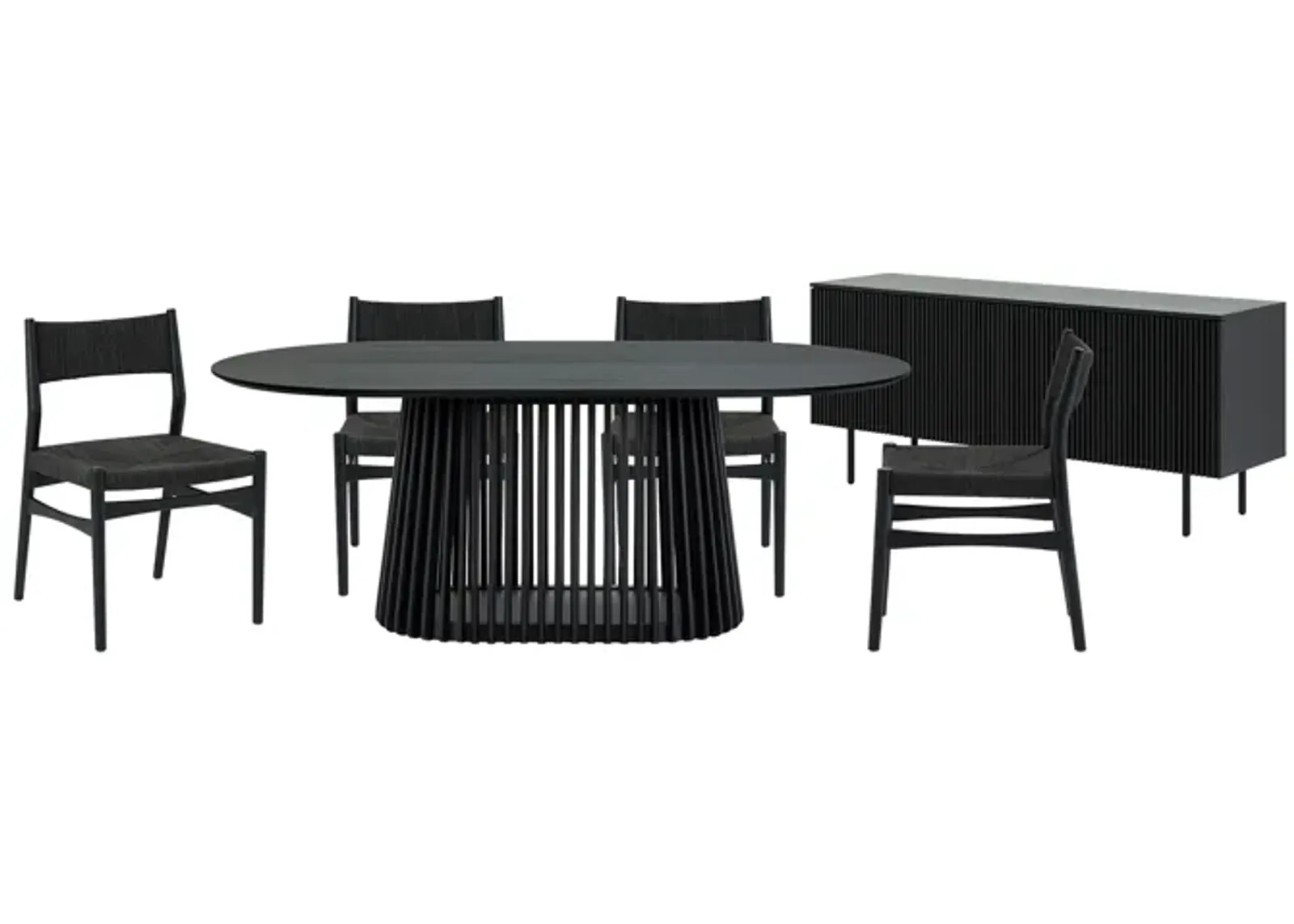 Pasadena Erie 6 Piece Oval Dining Set with Buffet in Black Oak Finish with Black Paper Cord Chairs