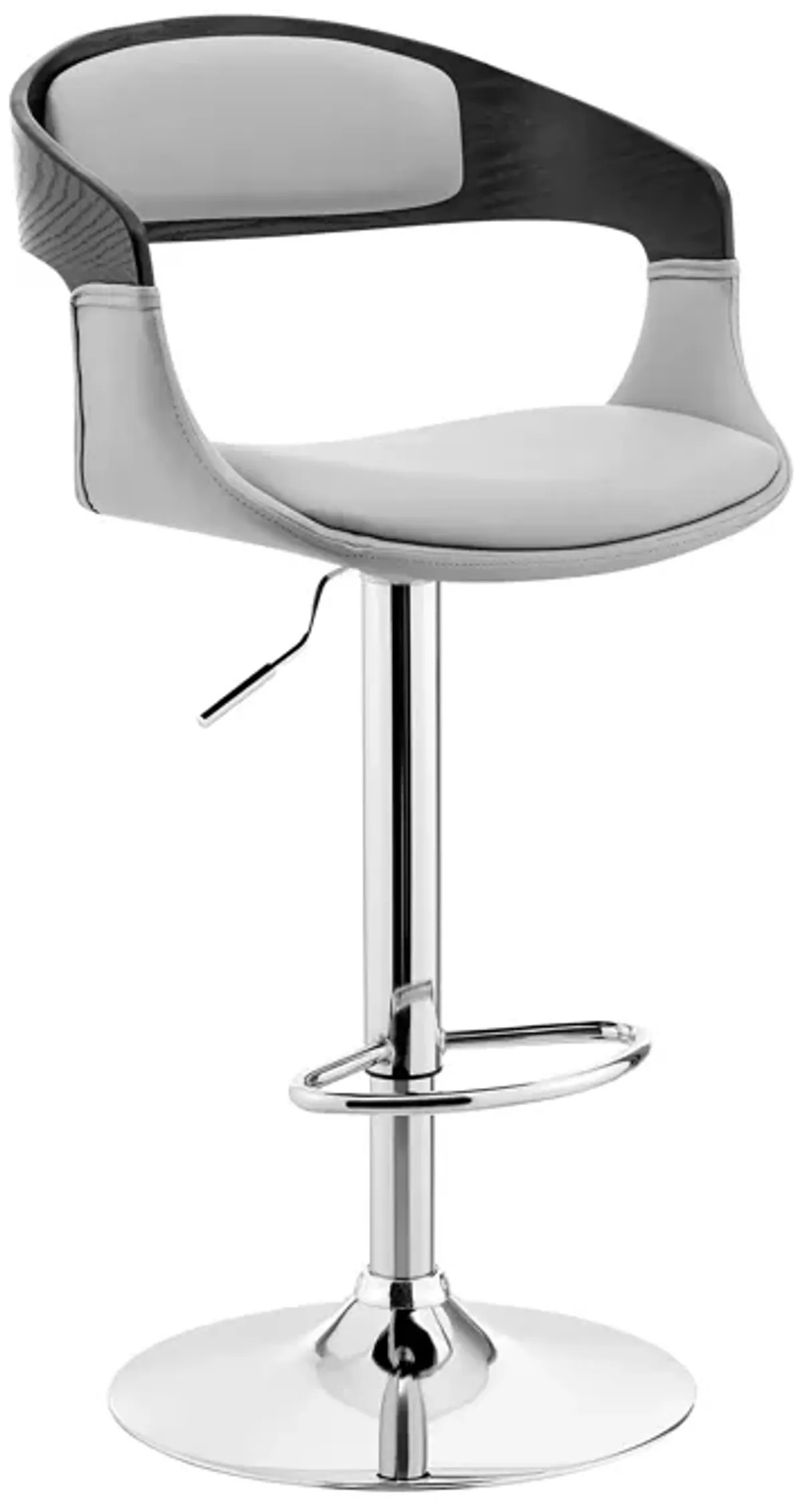 Benson Adjustable Gray Faux Leather and Black Wood Bar Stool with Chrome Base