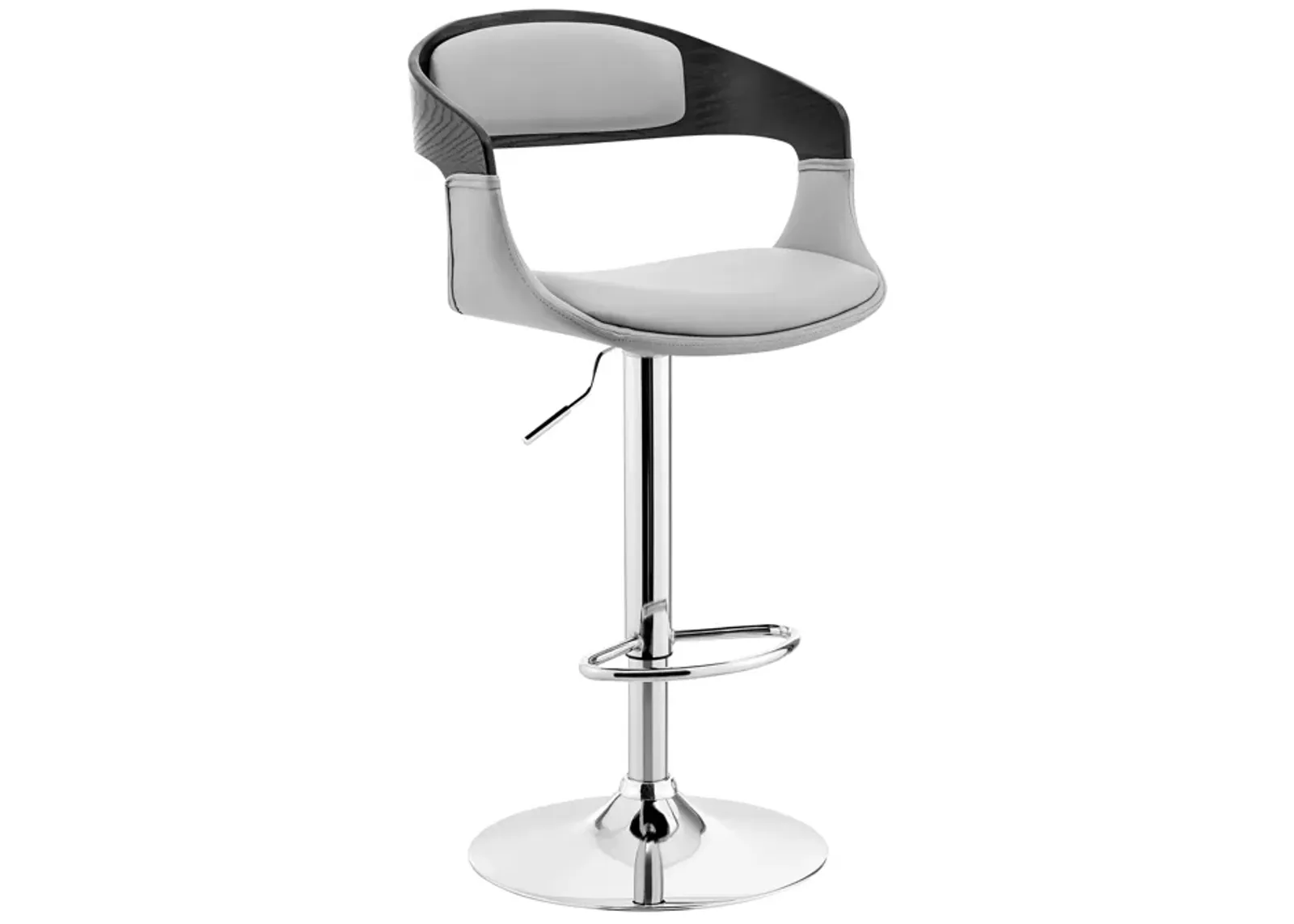 Benson Adjustable Gray Faux Leather and Black Wood Bar Stool with Chrome Base