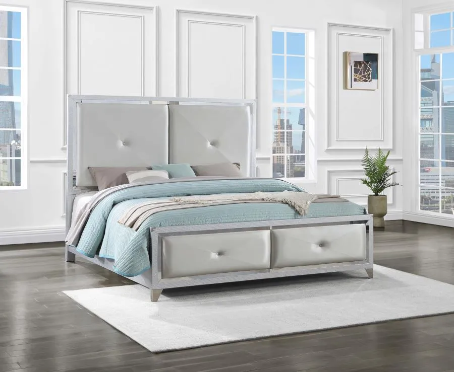 Larue Upholstered Tufted Eastern King Panel Bed Silver