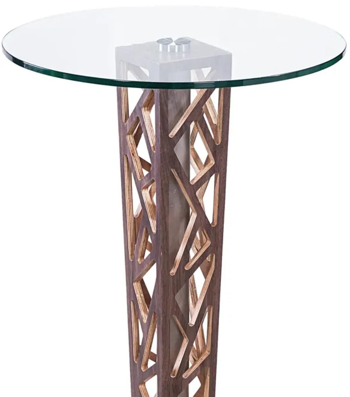 Crystal Bar Table with Walnut Veneer column and Brushed Stainless Steel finish with Clear Tempered Glass Top