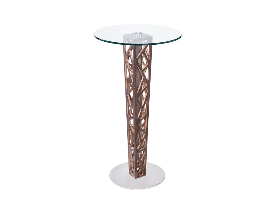 Crystal Bar Table with Walnut Veneer column and Brushed Stainless Steel finish with Clear Tempered Glass Top