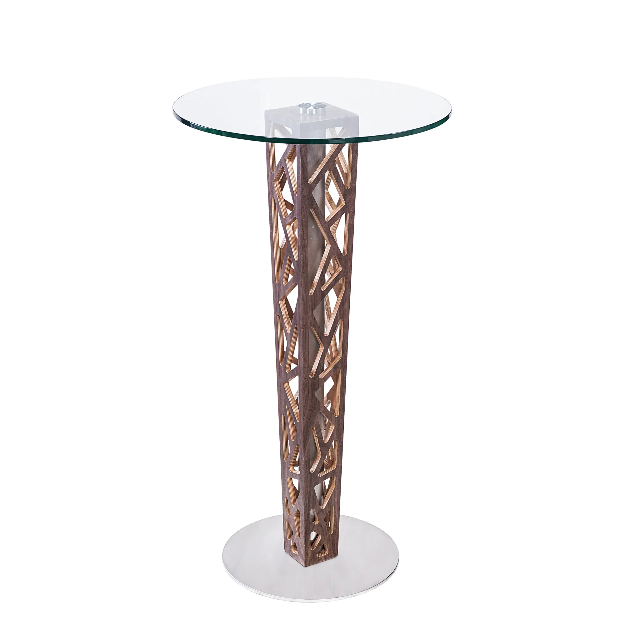 Crystal Bar Table with Walnut Veneer column and Brushed Stainless Steel finish with Clear Tempered Glass Top