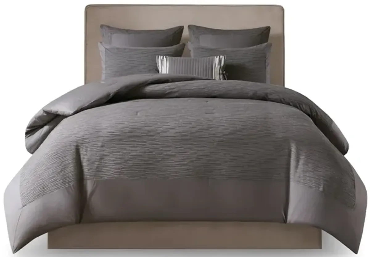 N Natori Hanae Grey Cotton Blend Yarn Dyed 3 Piece Comforter Set