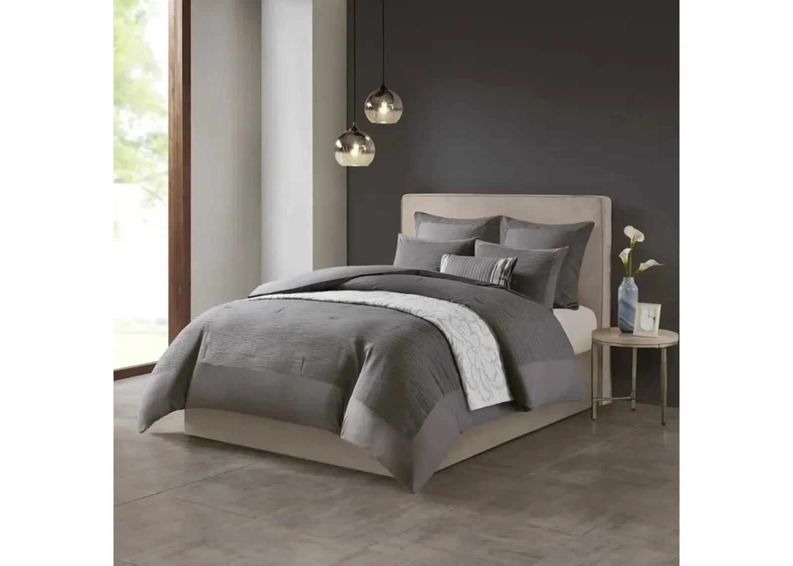 N Natori Hanae Grey Cotton Blend Yarn Dyed 3 Piece Comforter Set