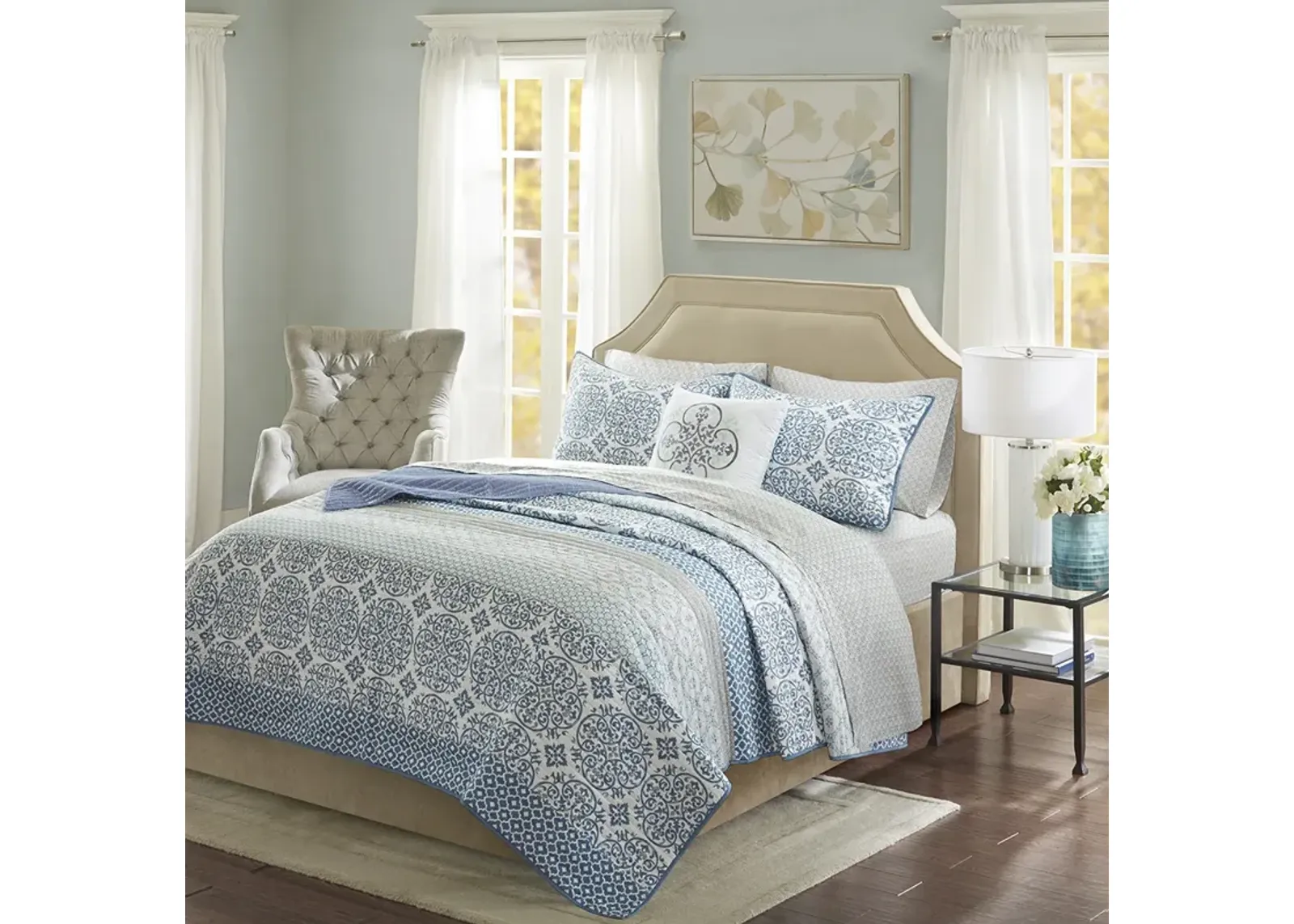 Madison Park Essentials Sybil Blue 8 Piece Quilt Set with Cotton Bed Sheets