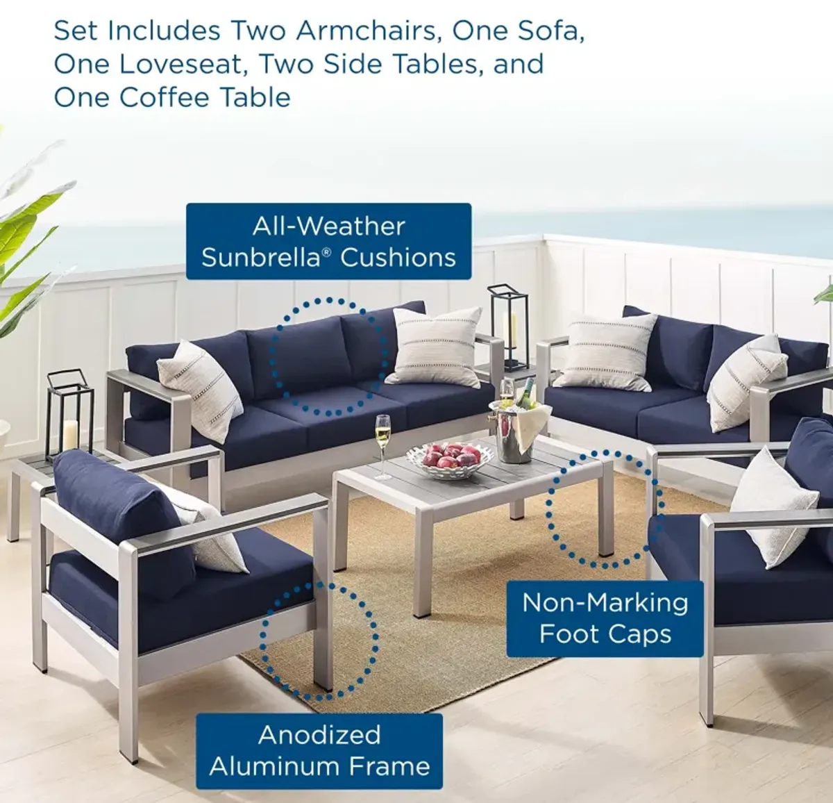 Shore Sunbrella® Fabric Outdoor Patio Aluminum 7 Piece Set