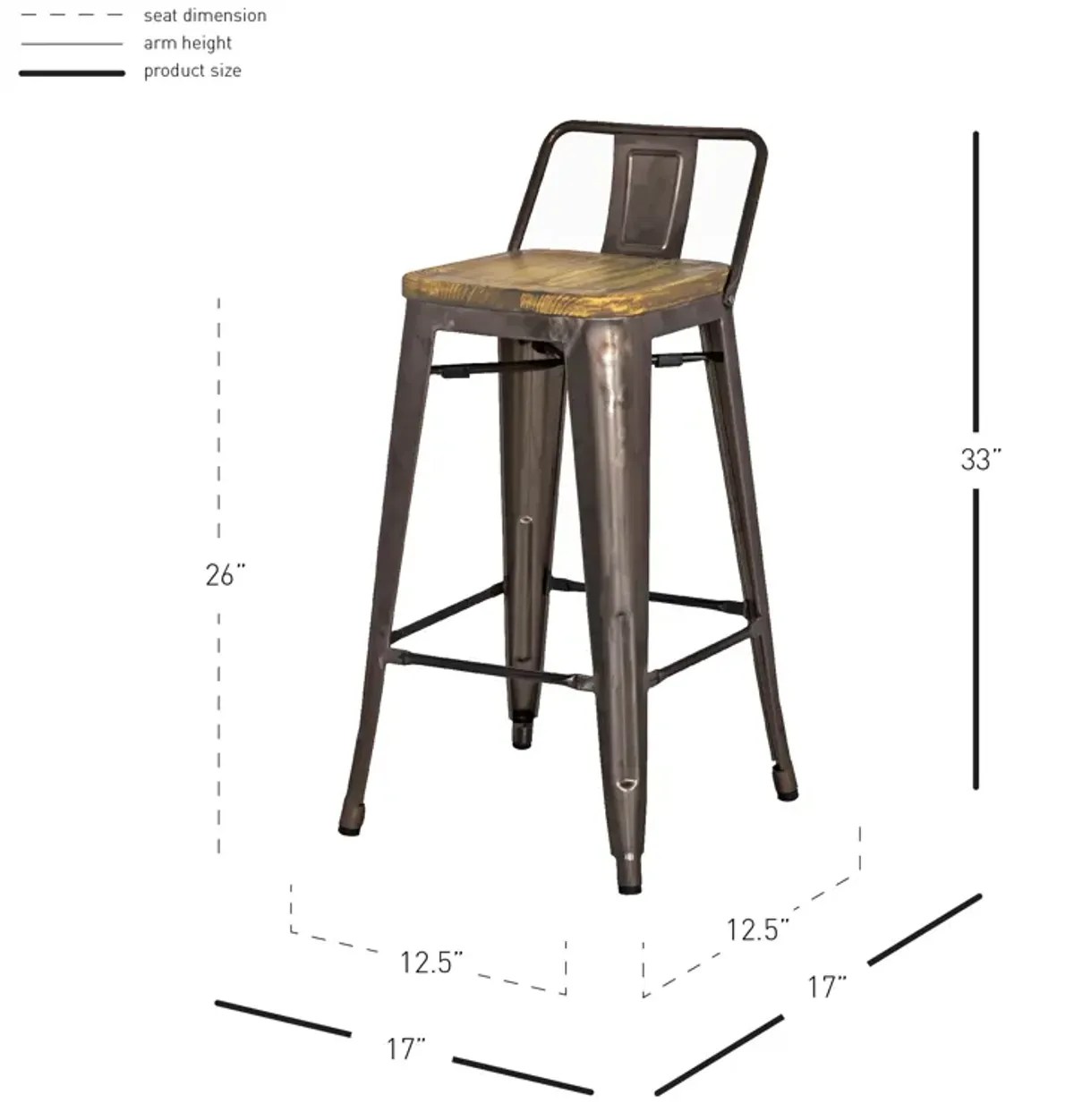 Metropolis Low Back Counter Stool Wood Seat, Gunmetal (Set of 4)