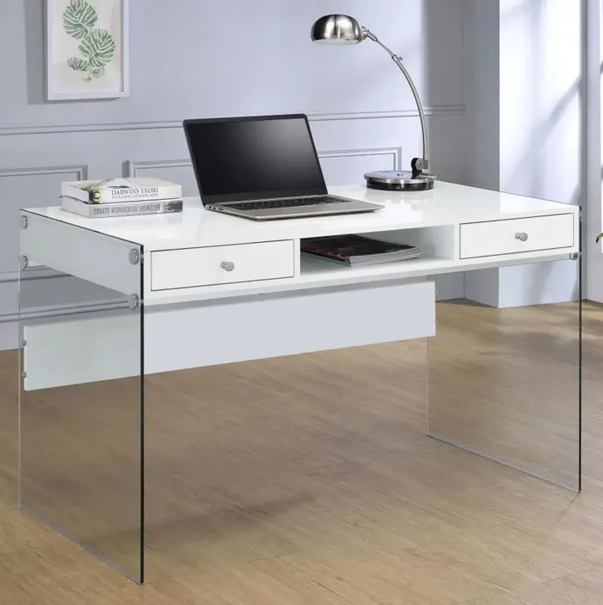 Ailani 2-Drawer Writing Desk Glossy White And Clear