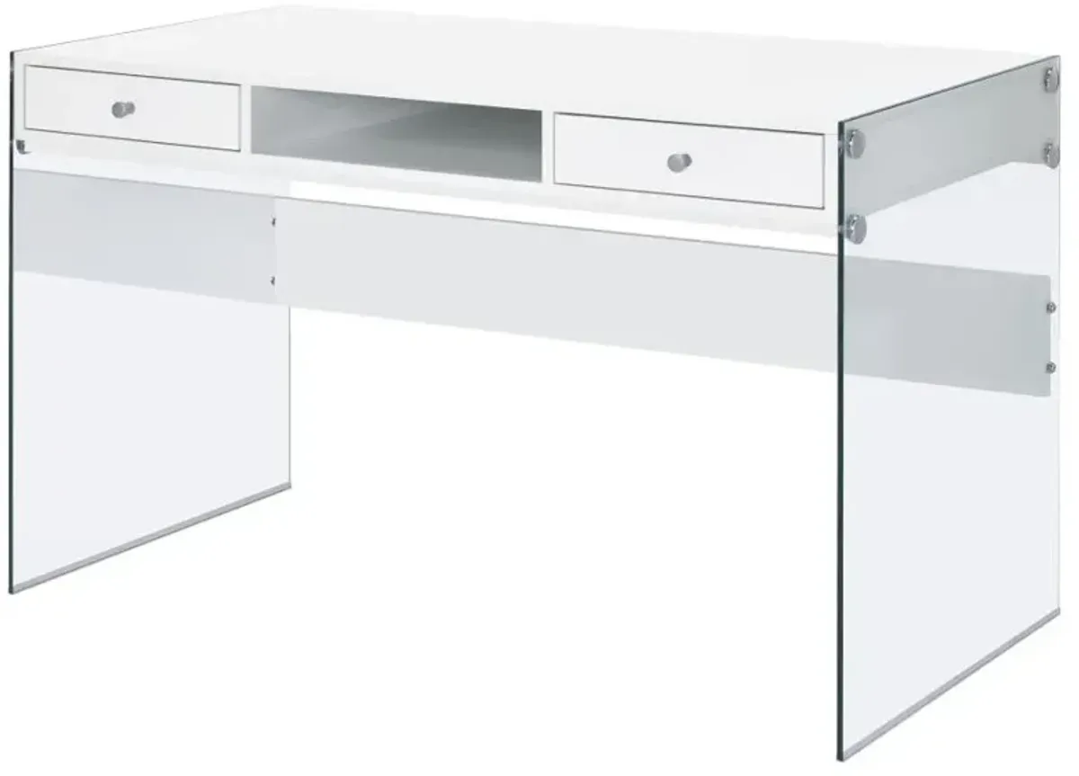 Ailani 2-Drawer Writing Desk Glossy White And Clear