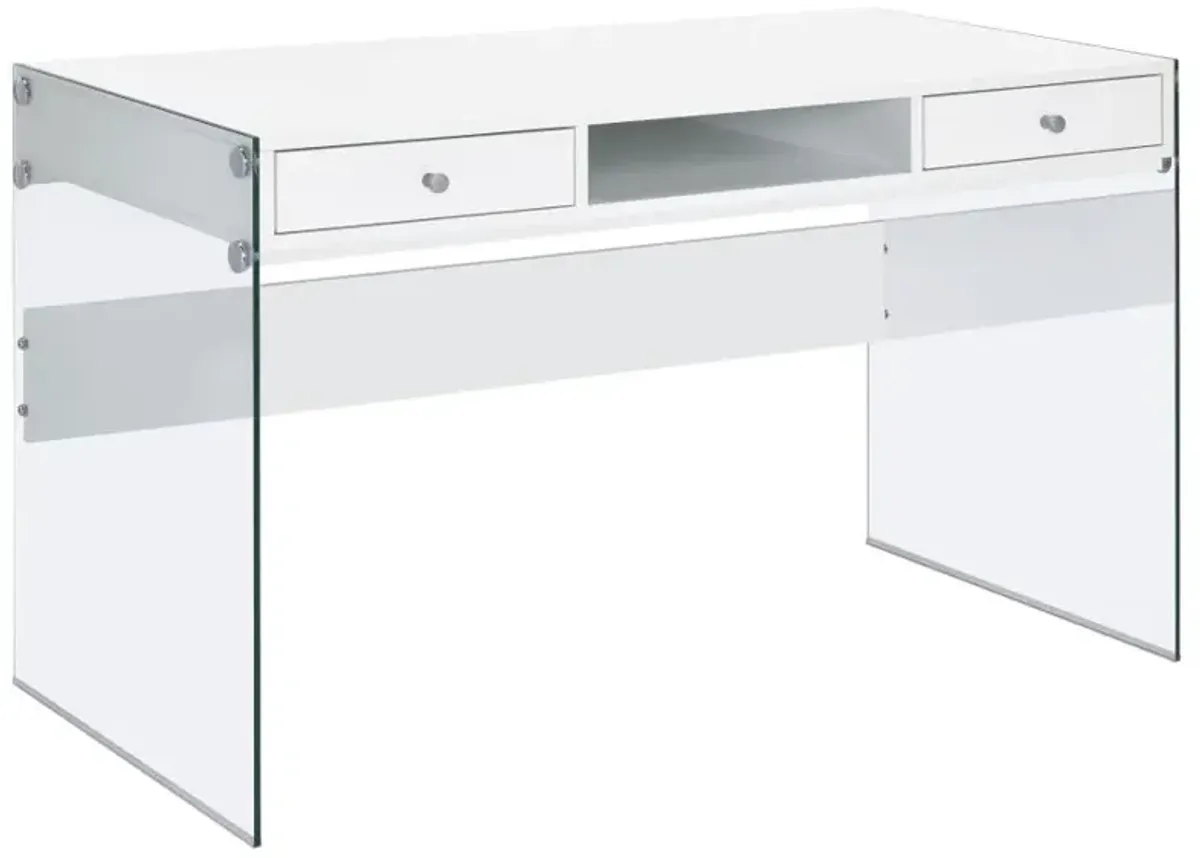 Ailani 2-Drawer Writing Desk Glossy White And Clear