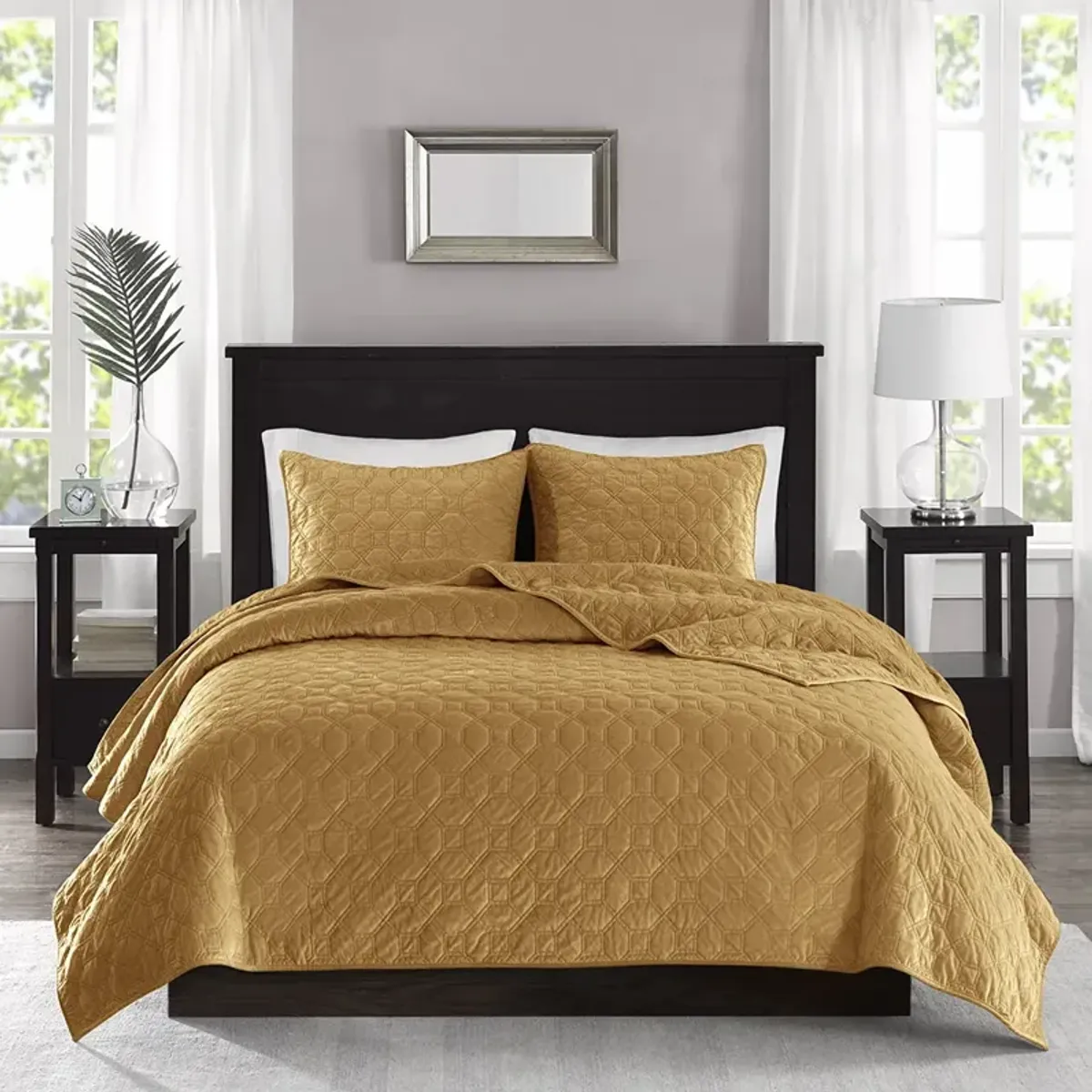 Madison Park Harper Mustard 3 Piece Velvet Quilt Set