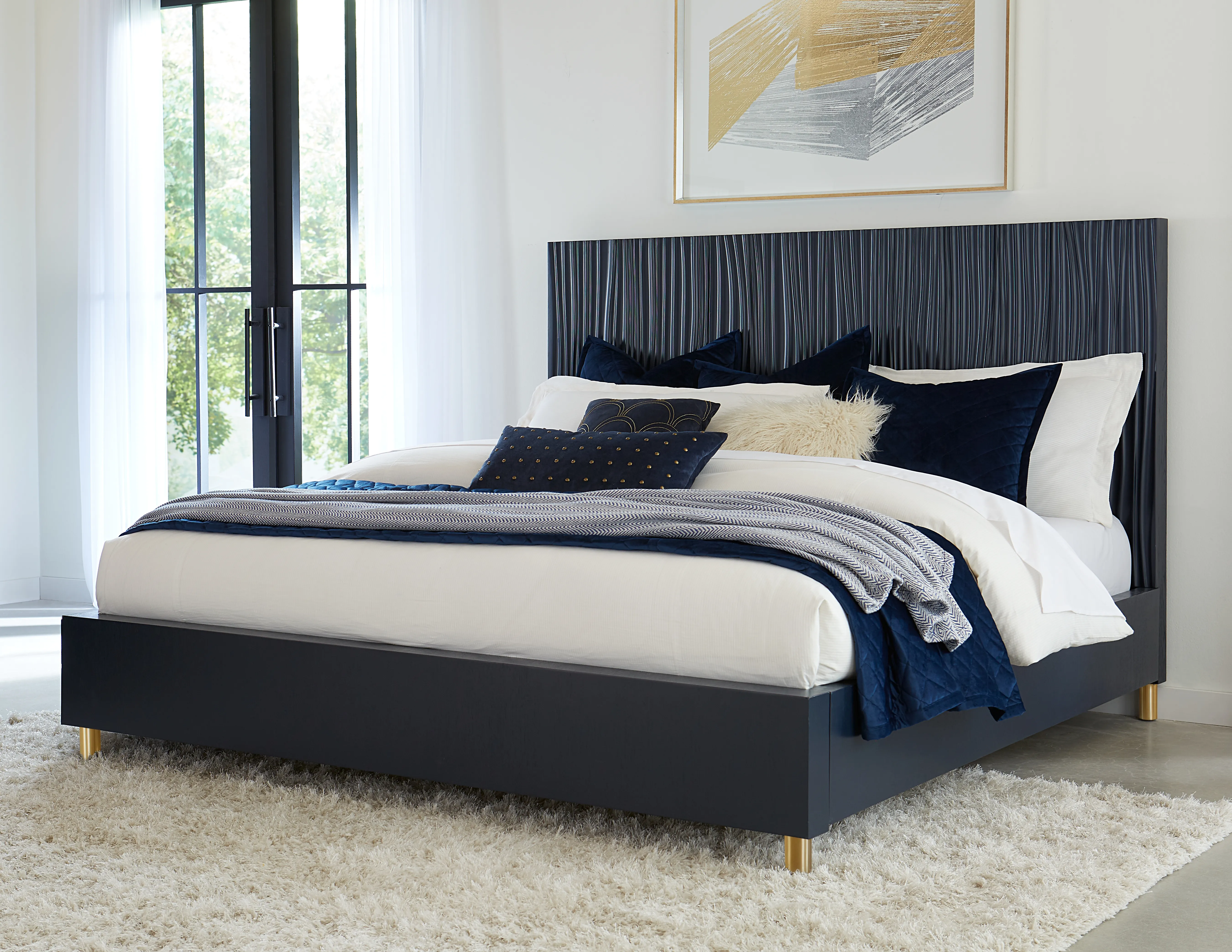 Argento King Bed in Navy Blue and Burnished Brass