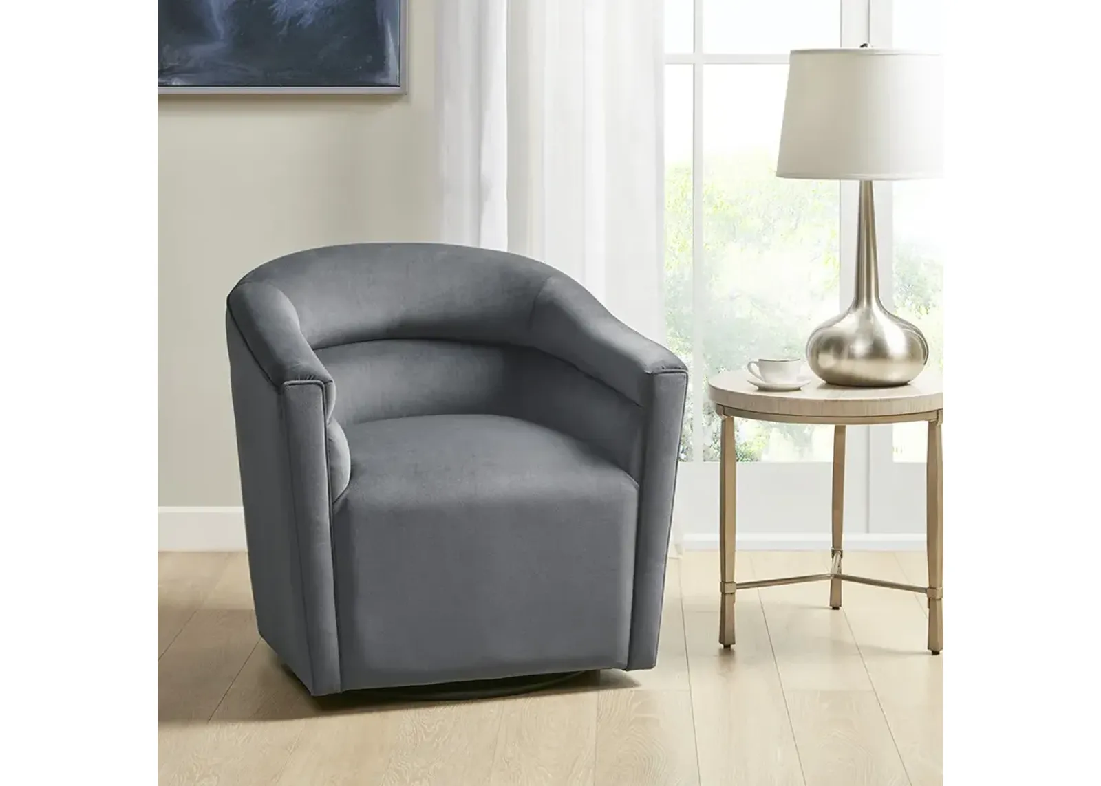 Madison Park Ryker Gray Upholstered Barrel 360 Degree Swivel chair