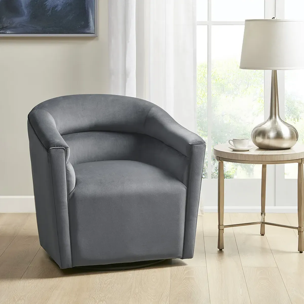 Madison Park Ryker Gray Upholstered Barrel 360 Degree Swivel chair