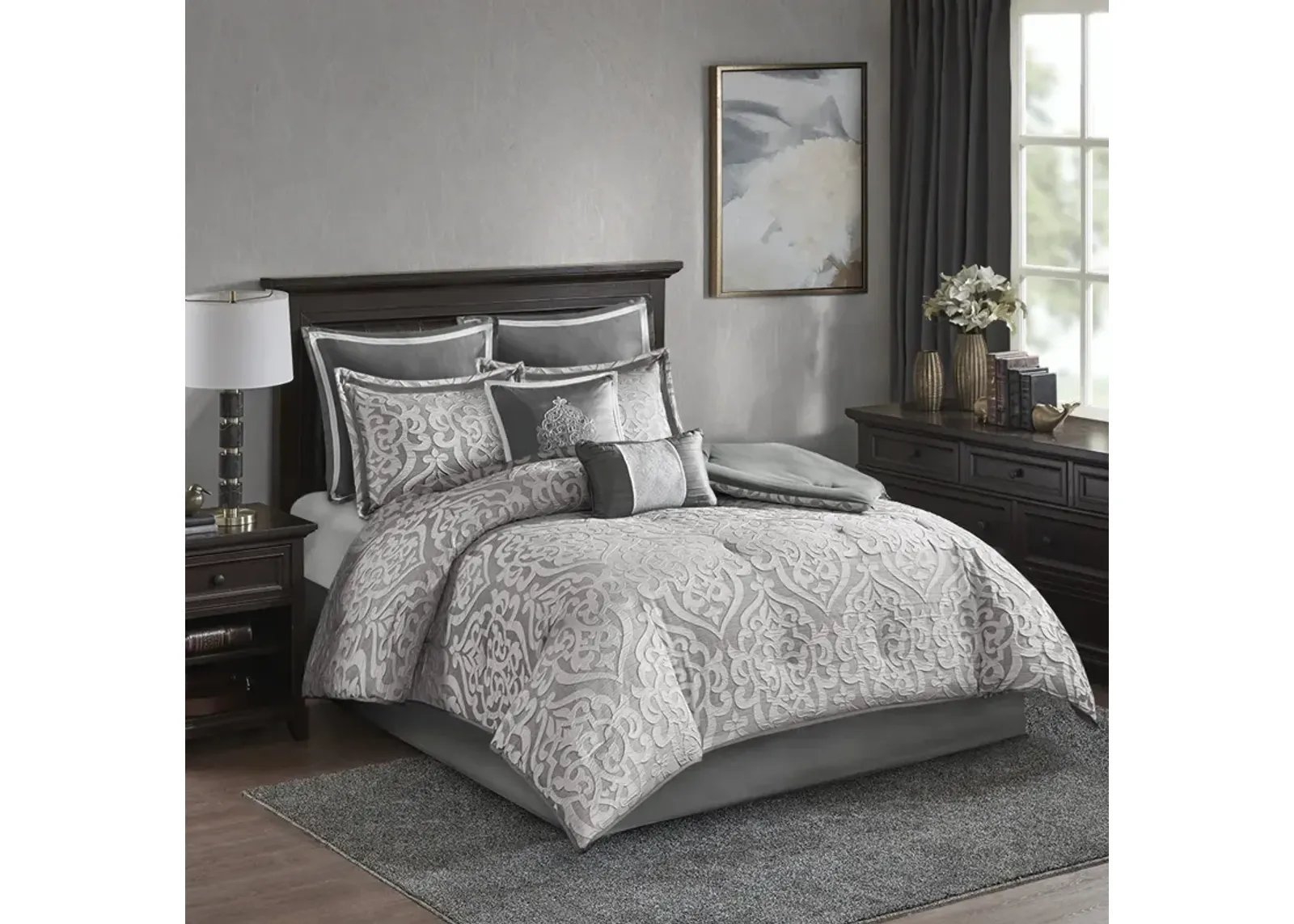 Madison Park Odette Silver/Silver 8 Piece Jacquard Comforter Set