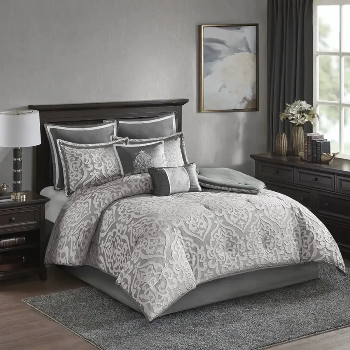 Madison Park Odette Silver/Silver 8 Piece Jacquard Comforter Set