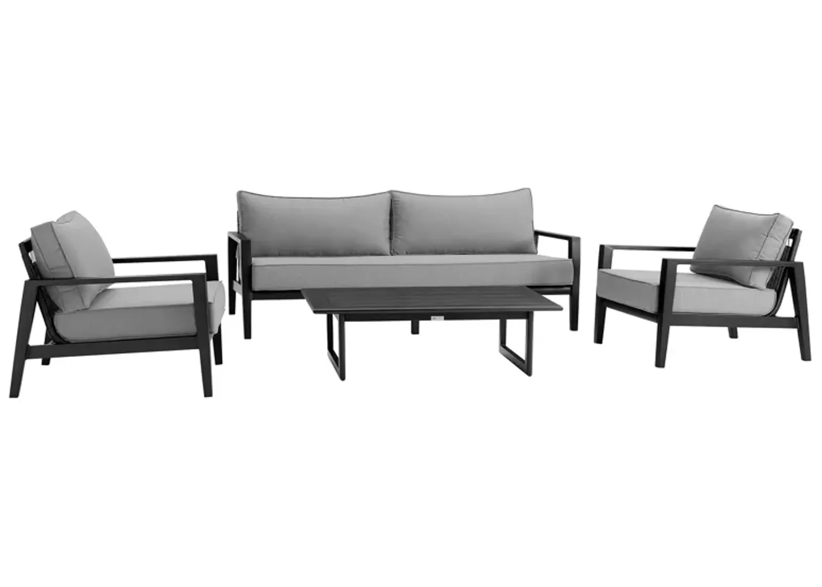 Grand 4 Piece Black Aluminum Outdoor Seating Set with Dark Gray Cushions