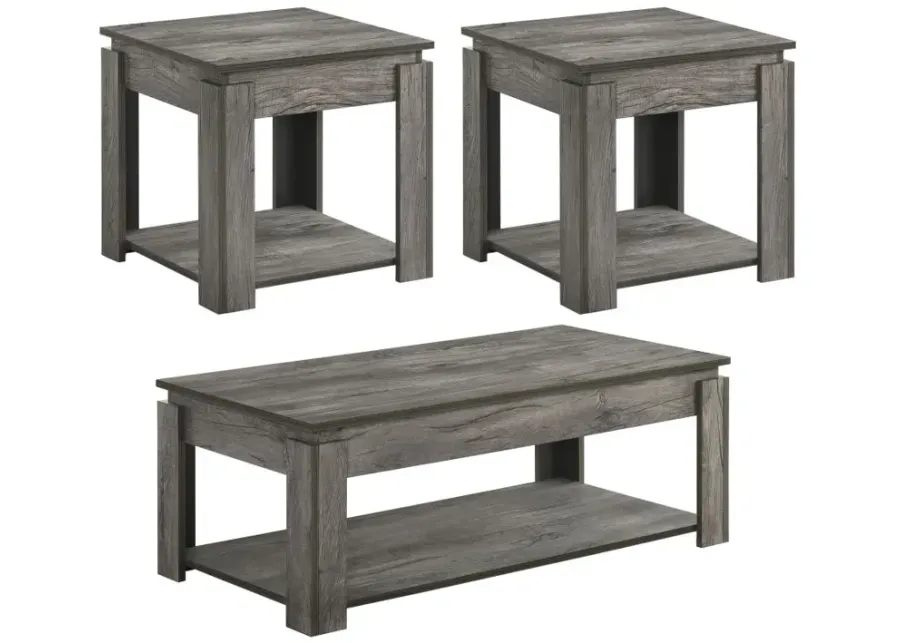 Donal 3-piece Occasional Set with Open Shelves Weathered Grey