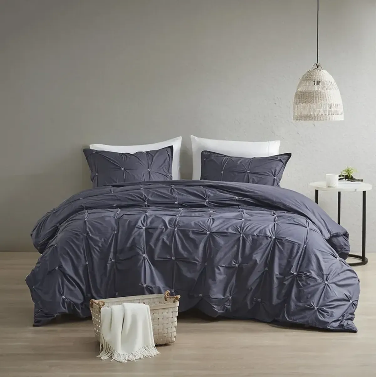 INK+IVY Masie Navy 3 Piece Elastic Embroidered Cotton Comforter Set