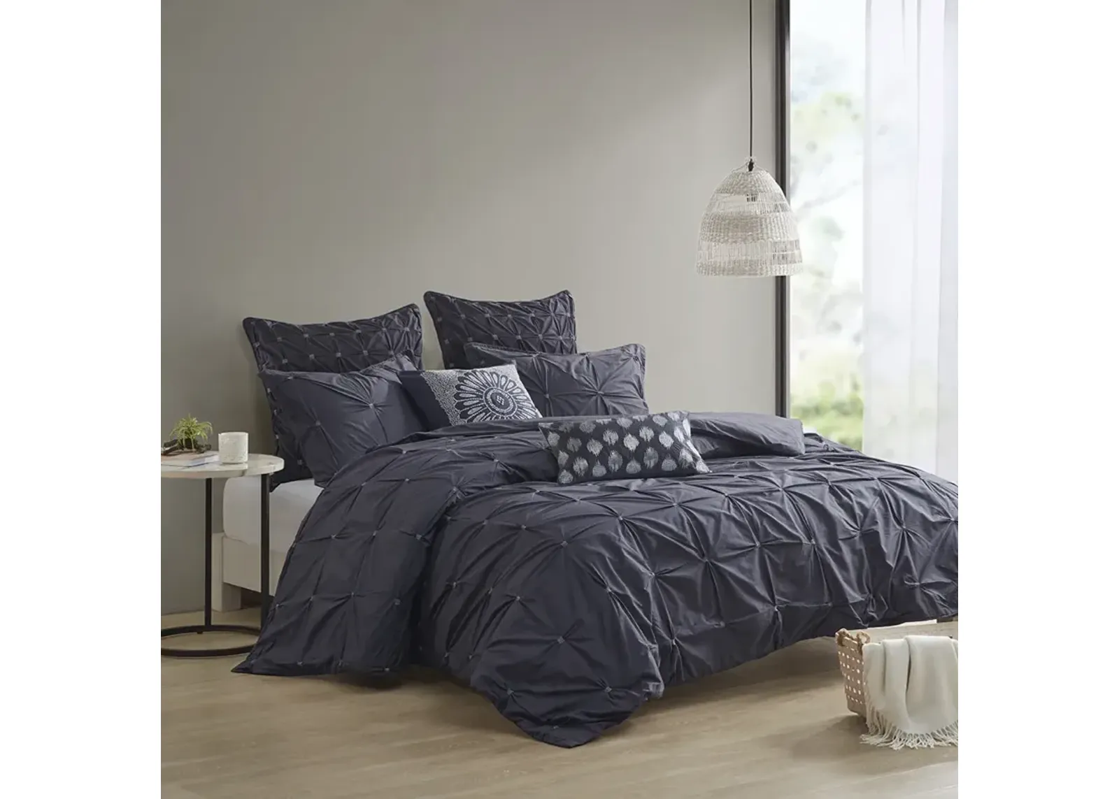 INK+IVY Masie Navy 3 Piece Elastic Embroidered Cotton Comforter Set