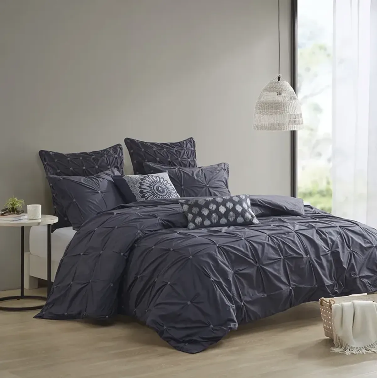 INK+IVY Masie Navy 3 Piece Elastic Embroidered Cotton Comforter Set