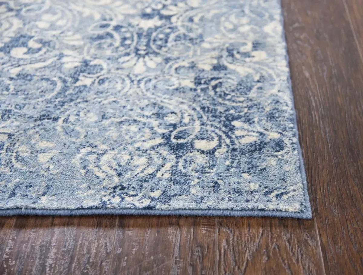 Gossamer Medium Blue Damask 100% New Zealand Wool 2'6" x 10' Runner Rug