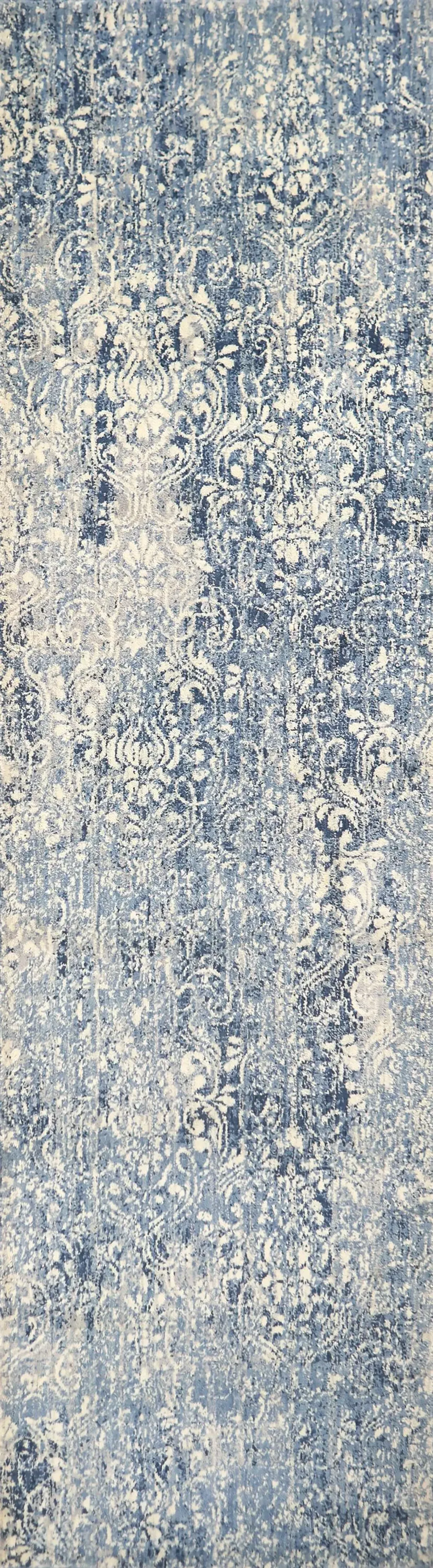 Gossamer Medium Blue Damask 100% New Zealand Wool 2'6" x 10' Runner Rug