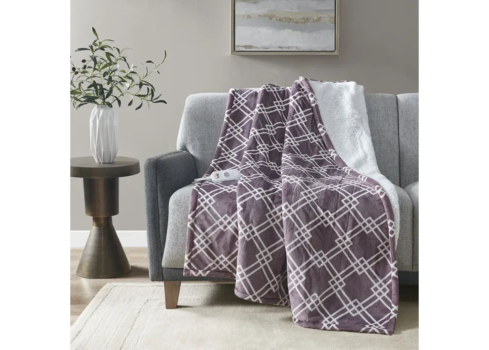 Serta Printed Plush Plum Heated Throw