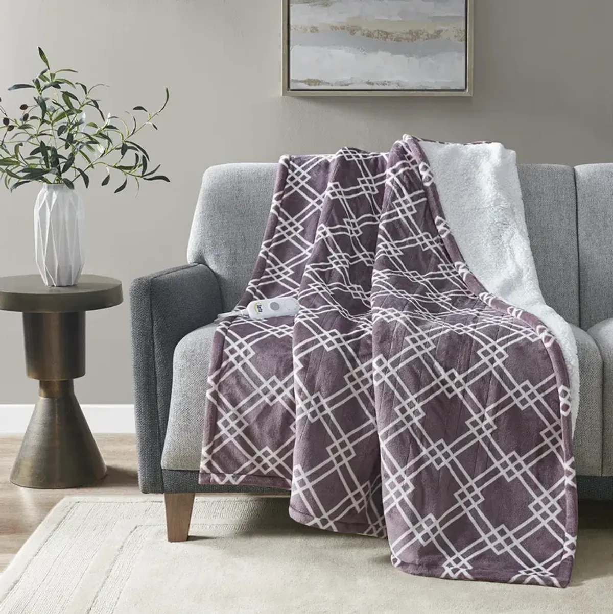 Serta Printed Plush Plum Heated Throw