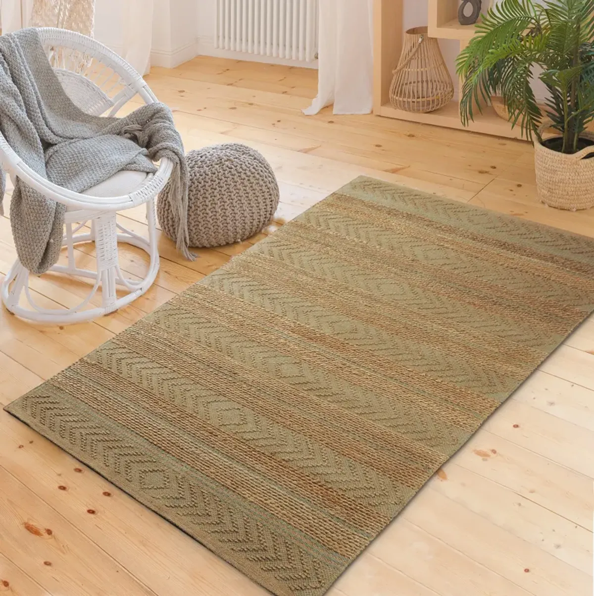 Earl Tan/ Seafoam Geometric Farmhouse Organic Jute Indoor Area Rug 5' x 7'9"