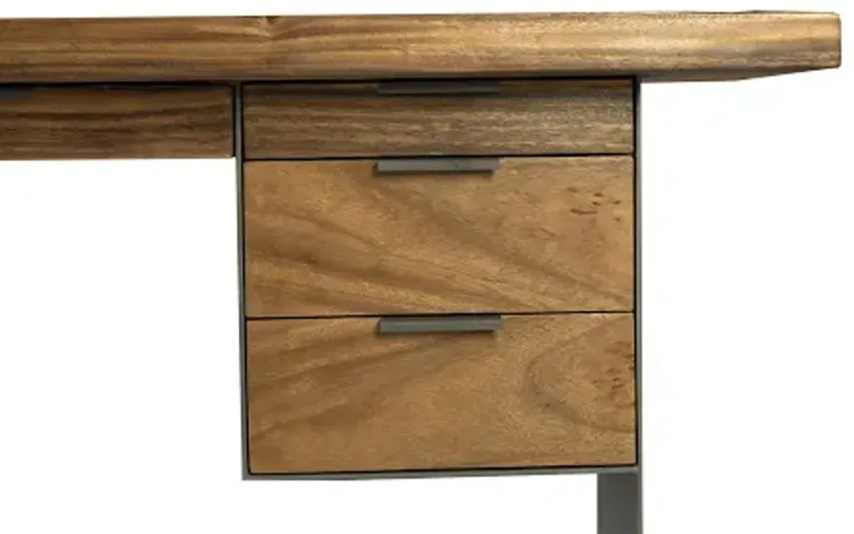 iron frame standing desk with drawers, chamcha wood, natural, bar height