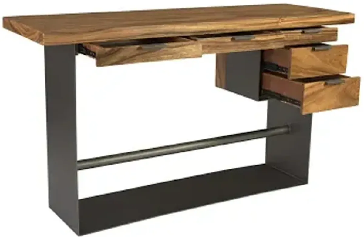 iron frame standing desk with drawers, chamcha wood, natural, bar height