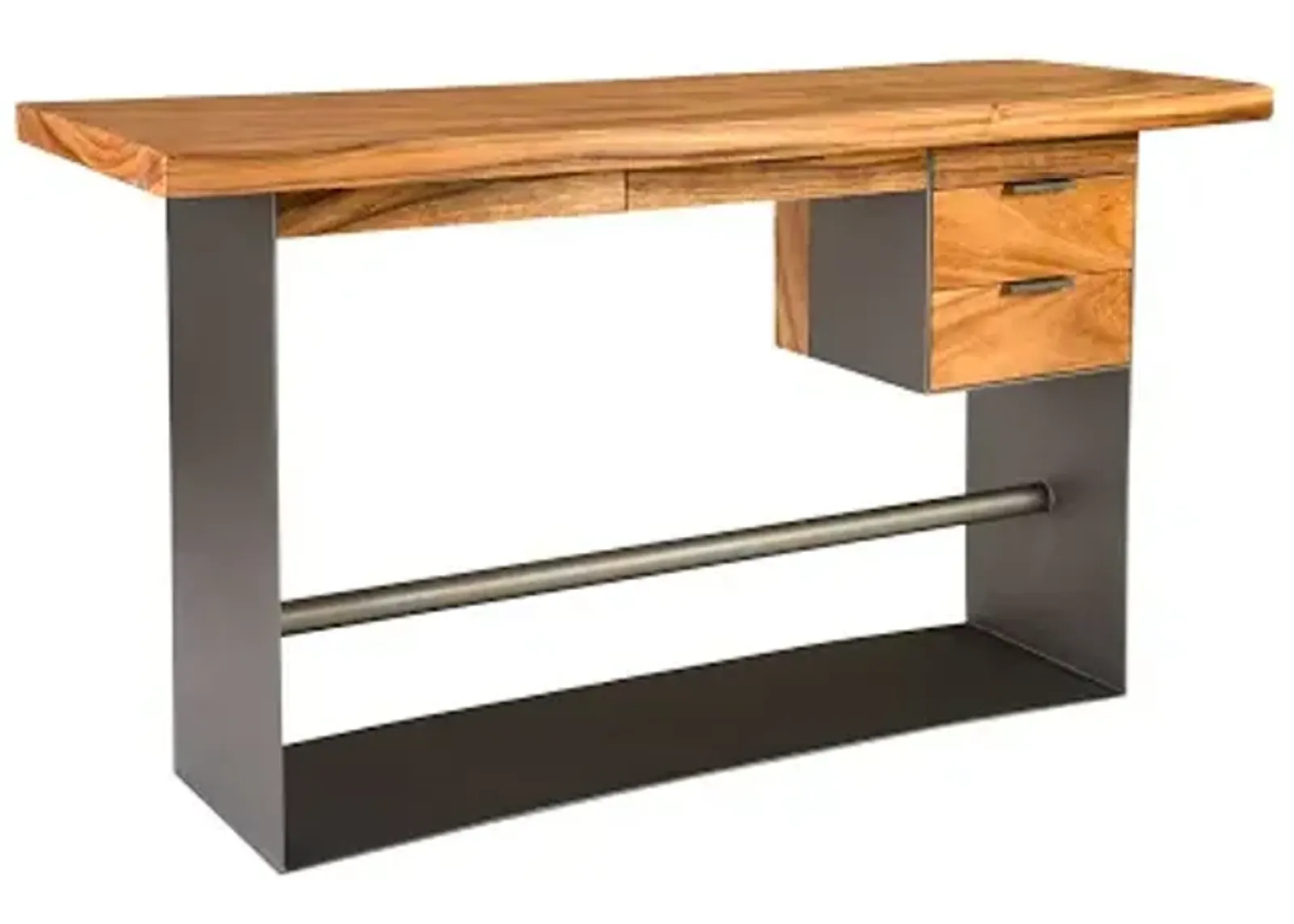 iron frame standing desk with drawers, chamcha wood, natural, bar height