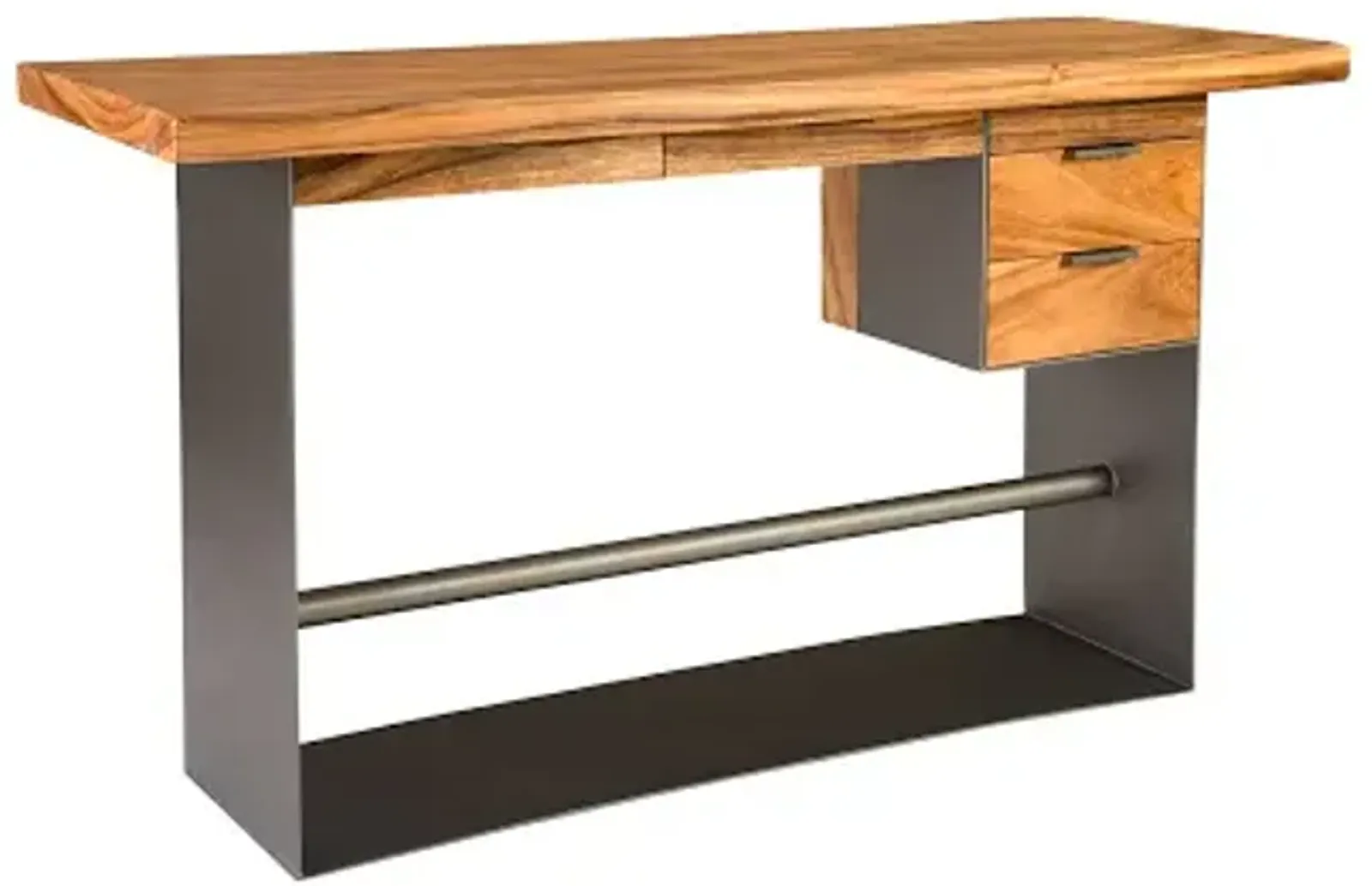 iron frame standing desk with drawers, chamcha wood, natural, bar height