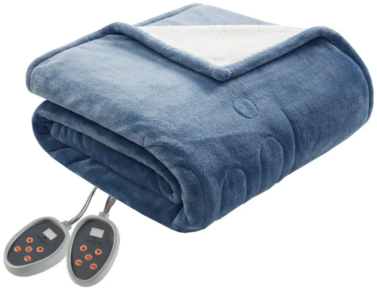 Woolrich Heated Plush to Berber Sapphire Blue Blanket