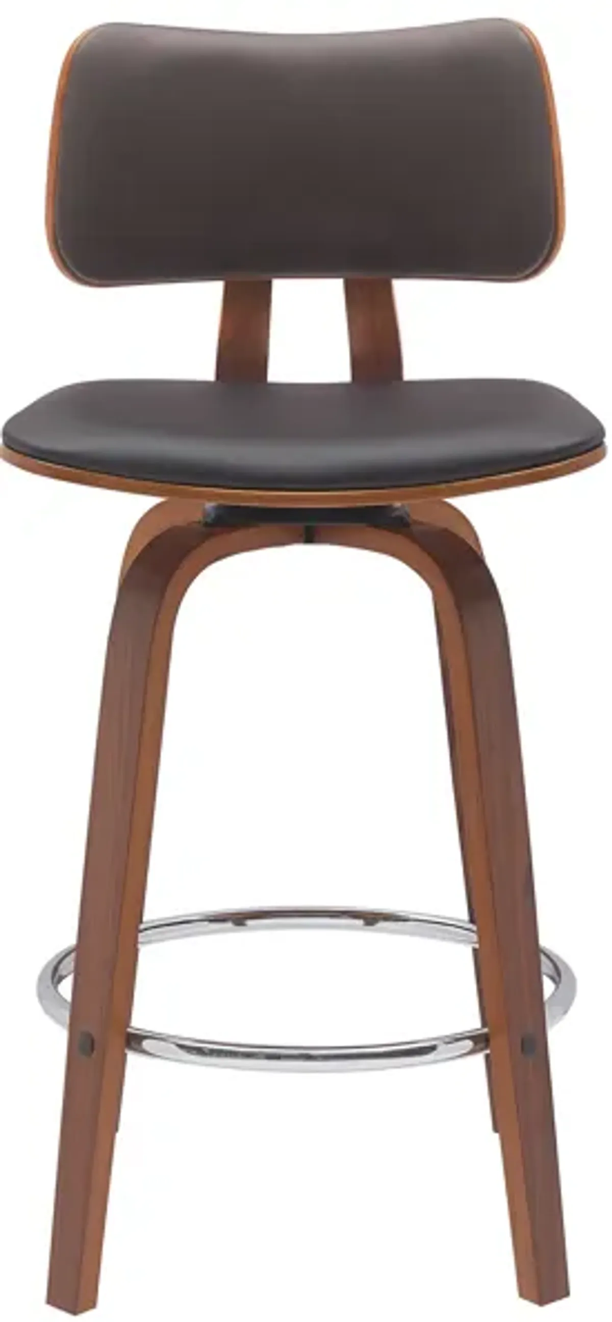 Pico 26" Swivel Walnut Wood Counter Stool in Brown Faux Leather with Chrome