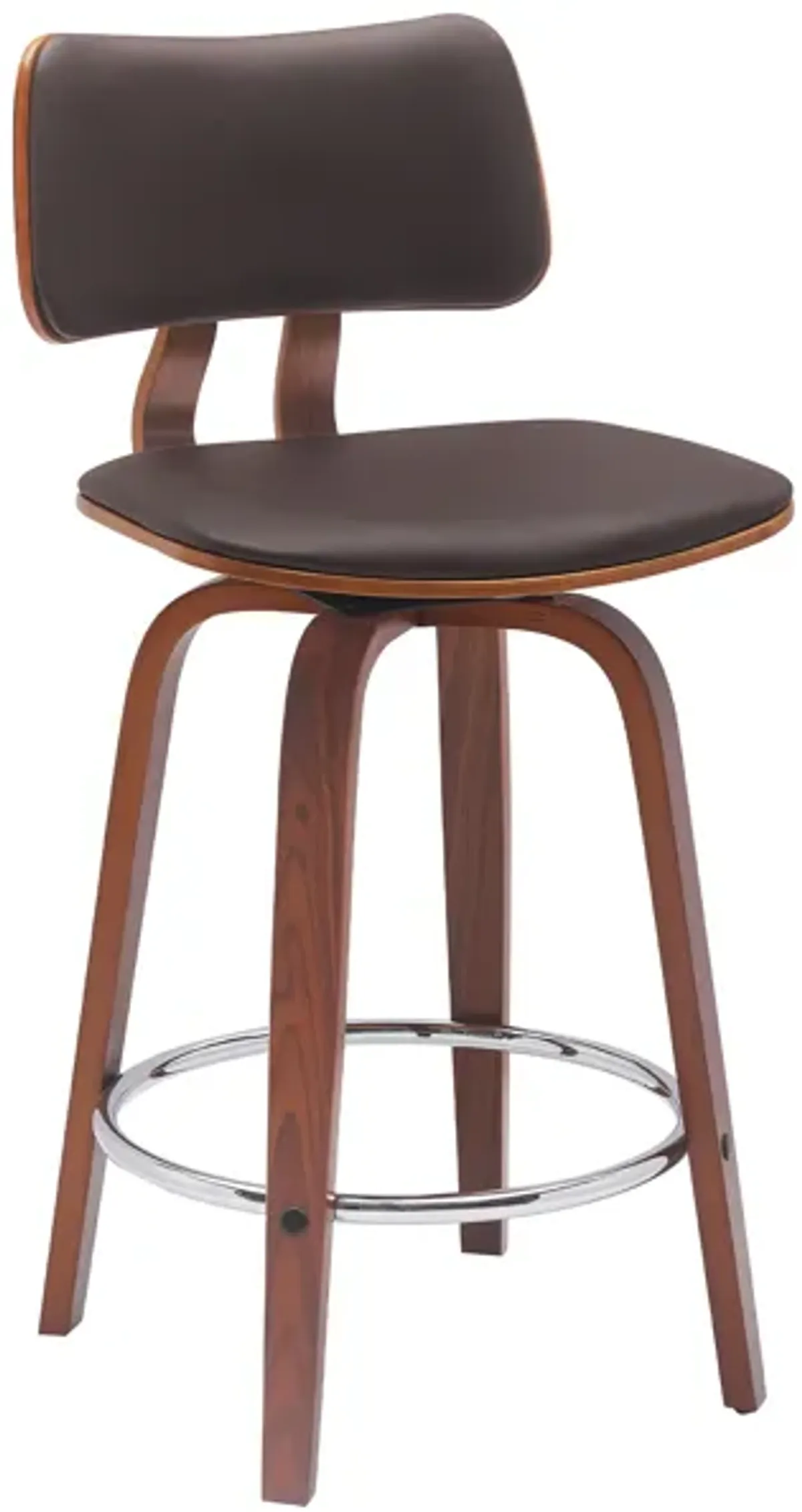 Pico 26" Swivel Walnut Wood Counter Stool in Brown Faux Leather with Chrome